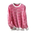 thumbnail image 1 of Rbaofujie Chandail pour Femmes Chandail d'Hiver Ample à Rayures Contrastées Chandail à Manches Longues à Col Rond Haut Chandail Rose Vif Chandail à Capuchon pour Femmes, 1 of 3