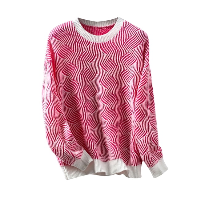 Rbaofujie Chandail pour Femmes Chandail d'Hiver Ample à Rayures Contrastées Chandail à Manches Longues à Col Rond Haut Chandail Rose Vif Chandail à Capuchon pour Femmes
