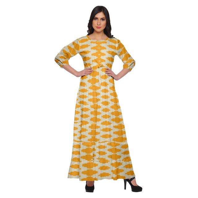 Moomaya Printed Round Neck 3/4 Sleeve Long Maxi Dress With Drawstring Waist