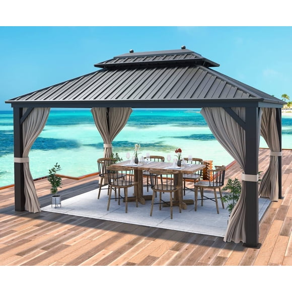 MELLCOM 10'x13' Hardtop Gazebo Double Roof Galvanized Steel Canopy with Aluminum Frame, Permanent Metal Pavilion with Netting for Patio, Gardens and Lawns