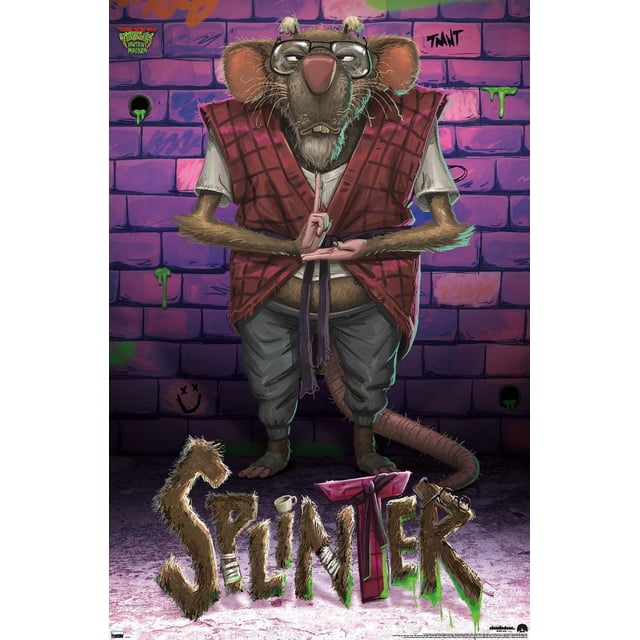 Teenage Mutant Ninja Turtles: Mutant Mayhem - Splinter Wall Poster, 22.375" x 34" shows a front-facing illustration of Splinter, a humanoid rat wearing a red plaid vest, white shirt, and gray pants, standing in a meditative pose against a purple brick wall with green slime drips and graffiti. The word 'Splinter' is displayed at the bottom in furry, textured letters. This glossy poster is suitable for decorating bedrooms, offices, or kid's rooms.