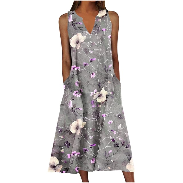 Ovzne Robes d'Été pour Femmes 2025 Robe de Plage Robe d'Été Décontractée pour Femmes Dégradé Sans Manches Col en V Longue Robe Robe d'Été Liquidation