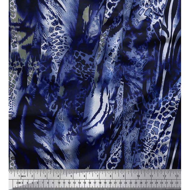 Soimoi Blue polyester Crepe Fabric Leopard & Wild Animal Skin Decor Fabric Printed BTY 52 Inch Wide