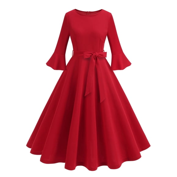 cfhntfmh Cocktail Dresses for Women Elegant Bell Long Sleeve Fall Dress Christmas Belted Crewneck Party Evening Dress