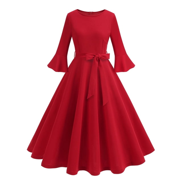 cfhntfmh Robes de Cocktail pour Femmes Élégantes à Manches Longues Évasées Robe d'Automne de Noël Ceinturée à Col Rond Robe de Soirée