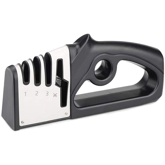 Versatile Knife Sharpener, 4-in-1 multi-function quick sharpener with scissors sharpener, featuring a black ergonomic handle and a non-slip rubber base. The sharpener includes four slots labeled for sharpening various blades, including bone cutters, fruit knives, and scissors. Ideal for kitchen and outdoor use.