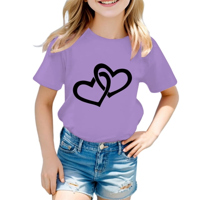 PMVFHDE T-Shirts Fille T-Shirt Enfant Filles Mignon Graphique Col Rond Manches Courtes Tee Été Décontracté T-Shirt Violet, 7-8 Ans