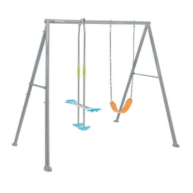 Intex Ensemble de Balançoire de Terrain de Jeu Coloré à Deux Fonctionnalités avec Barre Trapèze pour Enfants, Gris. un Ensemble de Balançoire Robuste en Acier à Cadre en A avec une Balançoire à Courroie orange et un Planeur Bleu avec Poignées Vertes. Conçu pour les Enfants de 3 à 10 Ans, Comprend des Chaînes Enduites de Plastisol pour le Confort et la Sécurité. Parfait pour les Plaisirs en Plein Air sur le Terrain de Jeu et dans la Cour Arrière.