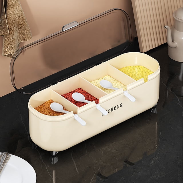 EGNMCR Ensemble d'Ustensiles de Cuisine, Contenant à Condiments Bocal à Assaisonnement à 4 Compartiments Contenant de Rangement Contient 4 Cuillères à Soupe Ils Sont Utilisés pour Ranger Épices Assaisonnements et Poivre Boîtes d'Assaisonnement