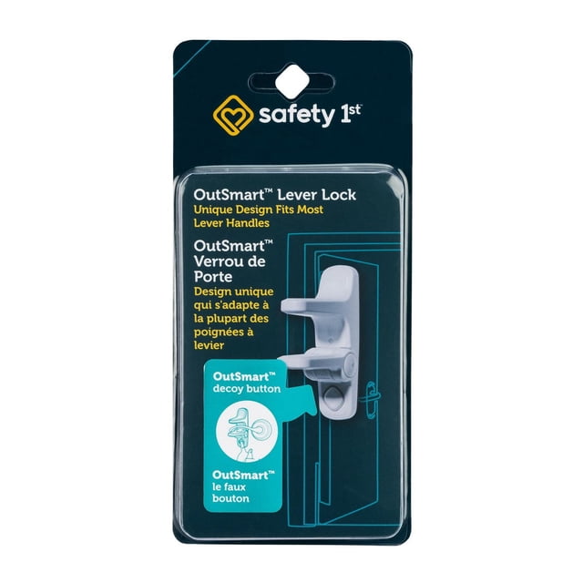 Safety 1st OutSmart Levier Poignée Lock dans Emballage de Vente au Détail Montrant un Verrou de Sécurité pour Enfant en Plastique Blanc avec un Bouton Leurre Conçu pour s'Adapter à la Plupart des Leviers Poignées pour la Prévention des Bébé, Affiché sur une Carte Bleu Foncé avec Texte Bilingue Anglais et Français.