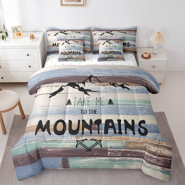 YST Rustic Farmhouse Comforter Set with Sheets, 7-Piece, Mountains, Black Sketch Line, King Size