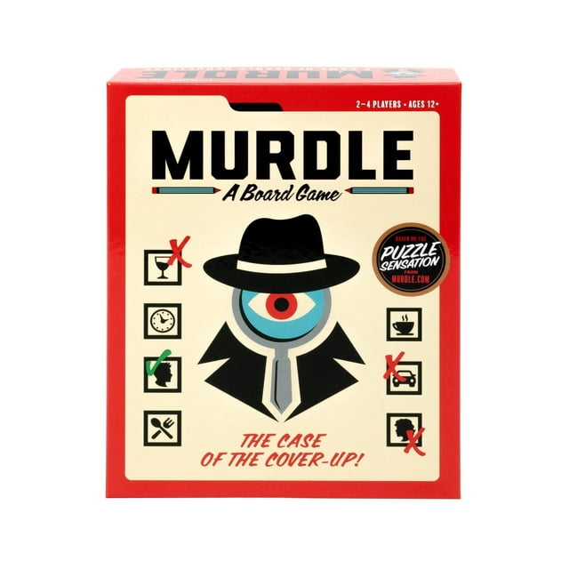 Murdle Board Game box with red border and cream background featuring a detective icon with a black hat and trench coat, a large blue and red eye as the face, and icons for suspects, weapons, and locations marked with red Xs and a green checkmark. This logic game for 2-4 players ages 12 and up challenges players to use deductive reasoning to solve 'The Case of the Cover-Up!'.