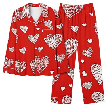 WTXUE Valentines Day Pajama Heart Parinted Button Down Sleepwear Lounge Set Nightwear Soft Pajama Set Women's Sleepwear Sets Winter Pajamas Comfortable Pajamas Cute Pajama Set Cute Pajama Sets Red S