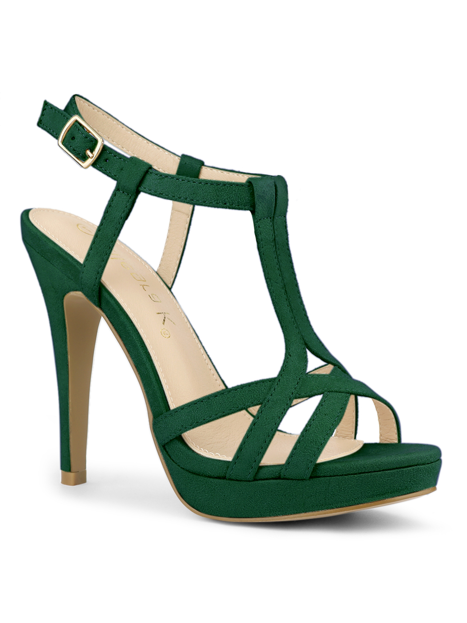 BLISSFUL STEP Sandales à Talon Aiguille Plateforme à Bride en T Slingback pour Femmes Vert Émeraude 9