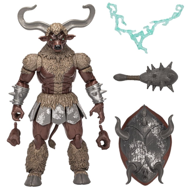 Power Rangers Lightning Collection Mighty Morphin Mighty Minotaur 6-inch scale action figure with brown muscular body and textured fur details on chest, shoulders, waist, and legs, large silver curved horns, and silver spiked wrist guards. Includes accessories: two alternate hands, spiked club, horned shield with weathered silver paint, and translucent blue lightning effect.