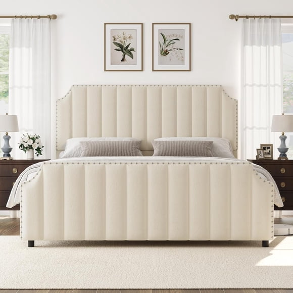 YUSAZENS California King Bed Frame with 50.2 in Tall Velvet Headboard, Channel Tufted Design, Nailhead Trim, No Box Spring Needed, Cream