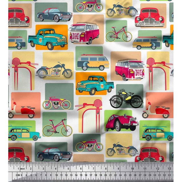 Soimoi Satin Silk Fabric Vehicles Patchwork Print Fabric by The Yard 42 Inch Wide