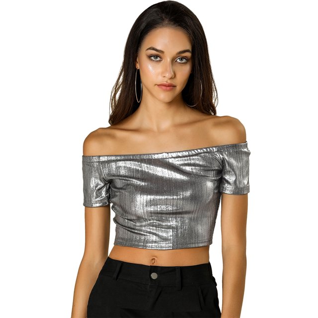 INSPIRE CHIC Women's Metallic Shiny Party Off Shoulder Crop Top