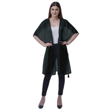 Moomaya Boléro en Georgette pour Femmes, Ouvert à l'Avant, Long et Transparent, avec Pompons