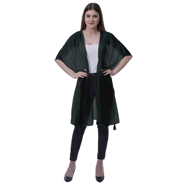Moomaya Womens Georgette Shrug Open Front Long Sheer Coverup w/ Tassels
