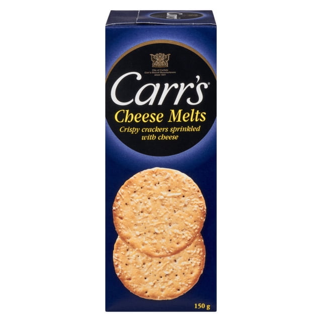 Carr's Boîte de Fondants de Fromage Présentant des Craquelins de Blé Croustillants Saupoudrés de Fromage sur Fond Bleu, Étiquetés avec le Nom du Produit et un Poids de 150 g, Convenant à l'Heure des Collations Ou à Accompagner de Fromage et de Trempettes.