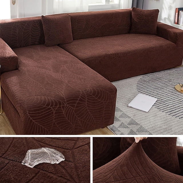 Waterproof Sofa Covers 1/2/3/4 Seats Jacquard Solid Couch Cover L Shaped Sofa Cover Protector Bench Covers in a rich brown color with a textured leaf pattern. The waterproof feature is demonstrated with a water droplet on the fabric, and the stretchable material is shown being pulled for flexibility. Ideal for protecting sofas from spills, stains, and wear, this cover fits L-shaped and standard sofas. The sofa is displayed in a modern living room with a light rug and natural lighting.