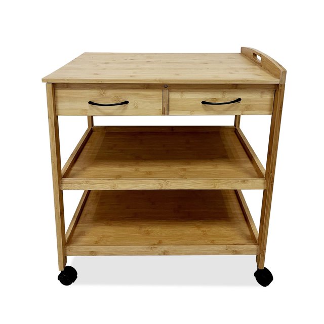 Walter Kitchen Bar Cart, 2 Drawers, 2 Shelves, Brown Bamboo, Rolling Wheels