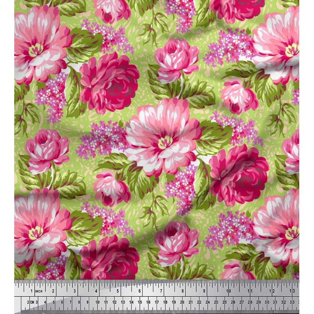 Soimoi Moss Georgette Fabric Leaves & Peony Floral Fabric Prints by Yard 42 Inch Wide
