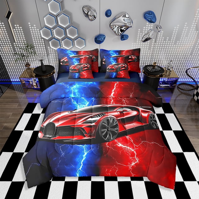 Erosebridal 7 Piece Bed in a Bag Twin Size Comforter Set for Kids Racing Car Bedding Set,Lighting Car Reversible Bed Set,Race Car Comforter with Sheet Set,All Season