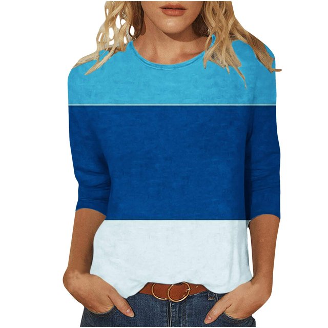 IROINNID en Solde T-shirt à Manches Longues en Polyester pour Femmes Confortable d'Été Ajusté à Nouer Col Rond T-shirt, Bleu
