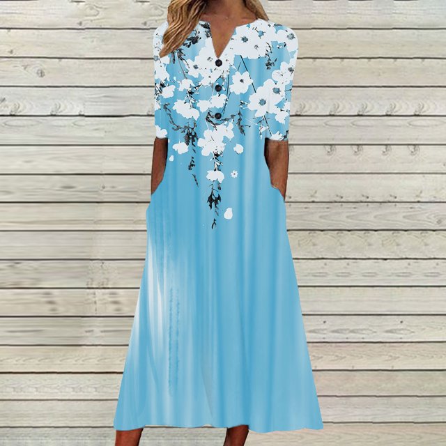 Ovzne Robes d'Été pour Femmes 2025 Robe de Plage Femme Couleur Unie Ample Décontractée à la Mode Imprimée à Manches Courtes à Col en V Robe Mi-Mollet à Manches Courtes à Col en V Robe d'Été à Manches Courtes