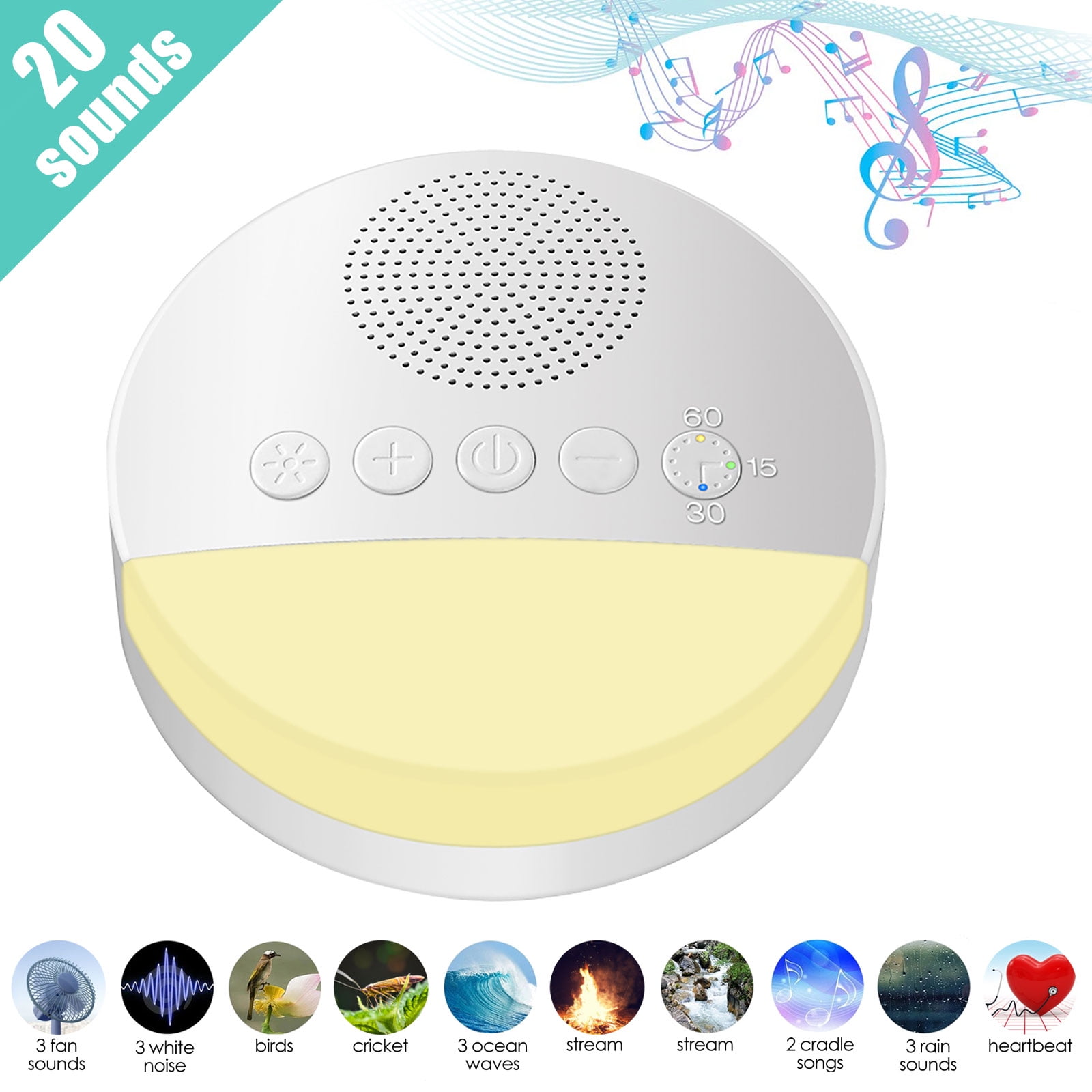 White Noise Machine For Sleeping, Eeekit Baby Sound Machine With Night Light, 20 Non-Looping Soothing Sounds, Timer, Usb Cable & Memory Function For O