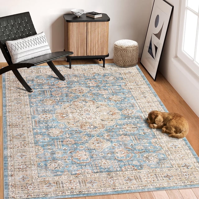 GlowSol 6'x9' Washable Area Rugs for Living Room Bedroom Vintage Medallion Print Non Slip Low Pile Throw Rugs Soft Foldable Accent Rug, Blue