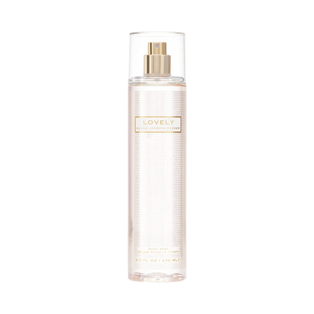 Lovely by SJP, Body Mist for Women, 236 ml. A transparent bottle with a gold spray nozzle and dotted design, showcasing the Lovely logo by Sarah Jessica Parker. Perfect for refreshing, oriental, and woody fragrance applications, suitable for daily use or special occasions.