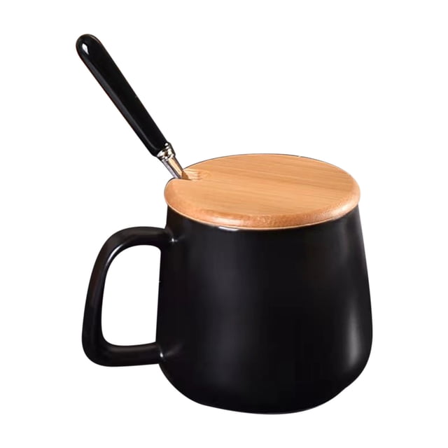 Ceramic Mug Set with Lids and Spoons, Couple Coffee Cups for Home or Office, Stackable Design, Modern Black and White, Ergonomic Handle, Dishwasher Safe, Gift Ready