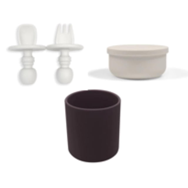 Kushies 100 % Silicone Ensemble d'Alimentation et de Repas - - (Contenant en Silicone & Cuillère & Fourchette & Tasse) – Va au Lave-Vaisselle & au Micro-Ondes - Sable - 6 Mois +
