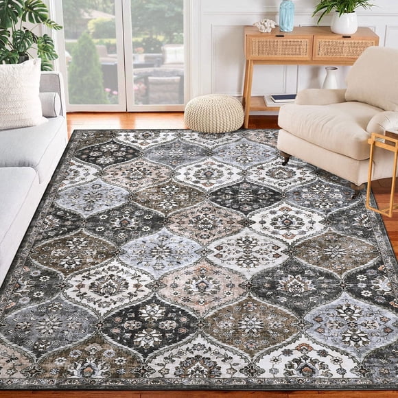 YUSAZENS 8 x 10 Floral Moroccan Trellis Area Rug for Living Room, Bedroom, Vintage Persian Indoor Accent Rug, Soft Washable Carpet for Home Decor Brown
