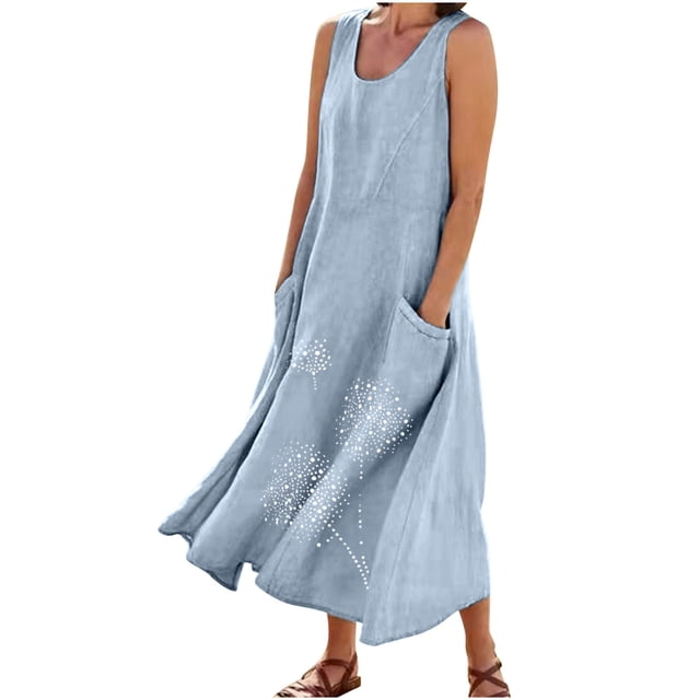 RKSTN Robes d'Été pour Femmes Décontractées en Coton et Lin à Col Rond Sans Manches. une Robe maxi Sans Manches Bleu Pâle à Col Rond et Coupe Ample, avec des Détails Imprimés Floraux Près de l'Ourlet. la Robe Comprend des Poches Latérales et Est Fabriquée en Mélange Respirant de Coton et de Lin, Idéale pour les occasions Estivales Décontractées.