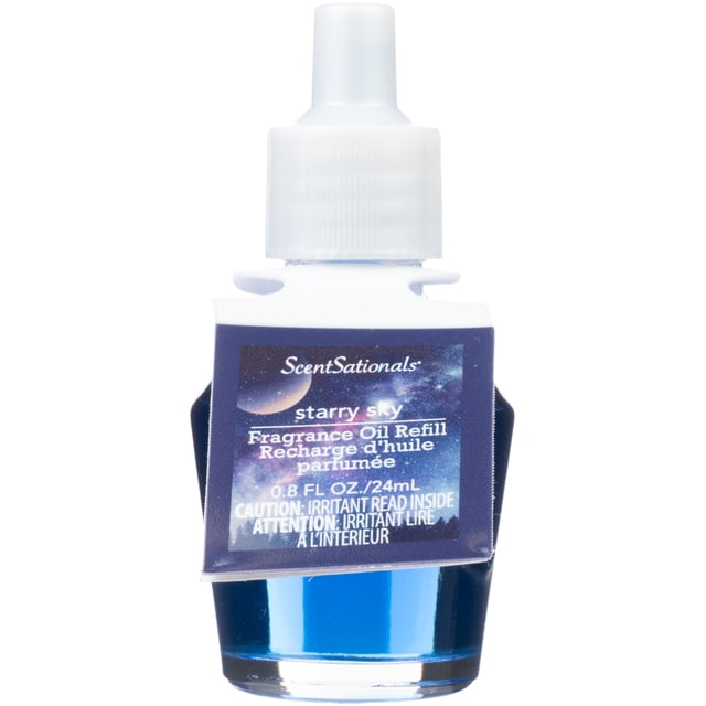 ScentSationals Scent Charm Oil - Starry Sky fragrance oil refill with dark blue liquid in a clear glass bottle, white plastic twist-off cap, and label depicting a starry night sky, 0.8 fl oz (24 mL), for use with ScentSationals oil diffusers to freshen indoor air.