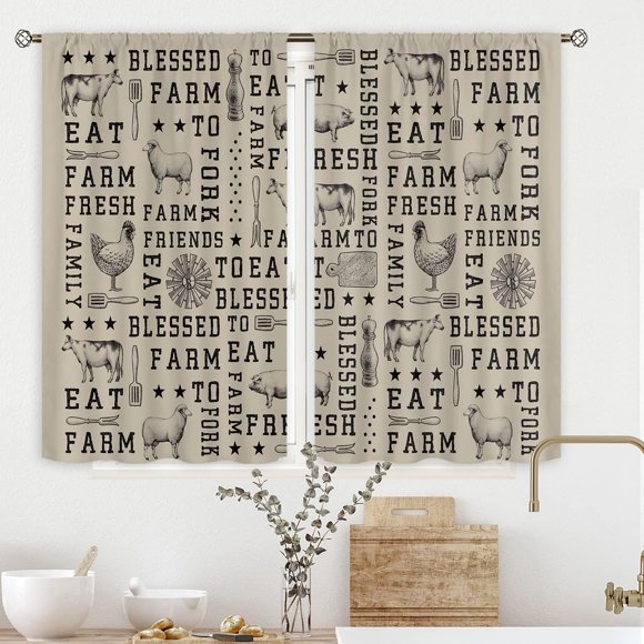 Farmhouse Kitchen Curtains 27.5Wx39H Inch Rod Pocket Grey Country Kitchen Curtains Vintage Farm Animal Chicken Cow Pig Western Kitchen Decor Rustic Living Room Window Drapes Fabric 2 Panels