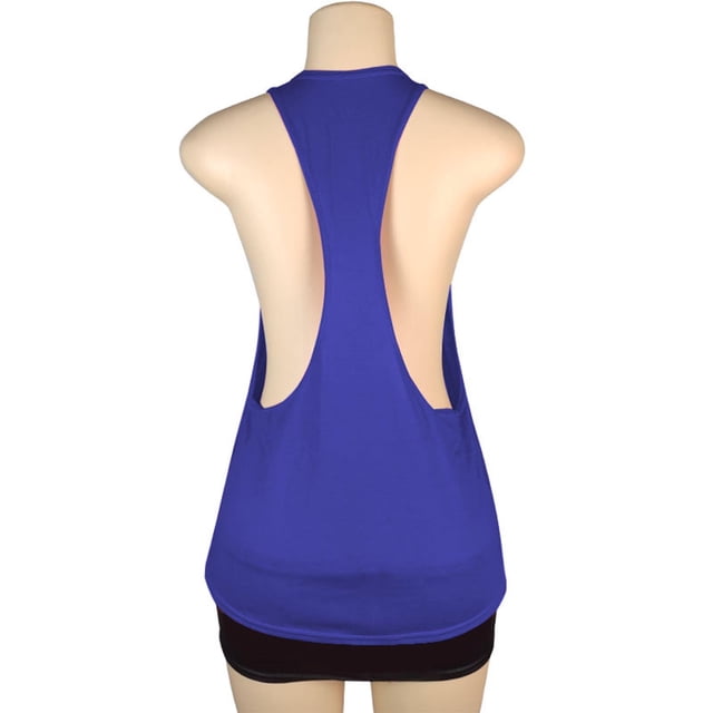 Timegard Womens Tank Top Summer Athletic Sleeveless Racerback Casual Comfy Workout Tee Top Solid Color. A back view of a medium-sized tank top in a vibrant solid color, featuring a racerback design and wide armholes for breathability and comfort. Made from a blend of polyester fiber and spandex, it is lightweight, elastic, and ideal for casual daily wear, workouts, or layering under other clothing.