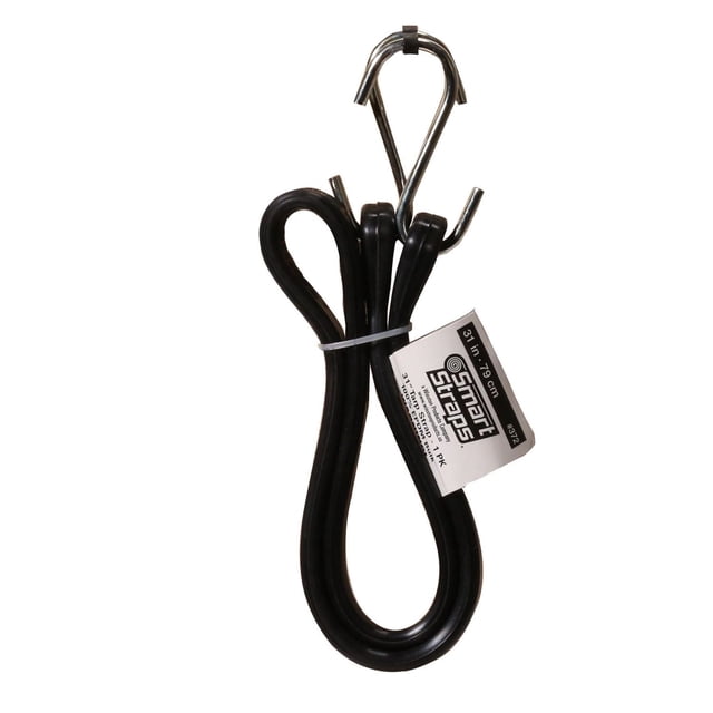 31" Tarp Strap 1 Pk 100% EPDM Rubber black coiled rubber strap with rust-resistant zinc plated steel S-hooks, designed for light duty securing of tarps, canopies, and camping gear, featuring a Smart Straps label and durable weather-resistant material suitable for outdoor use.