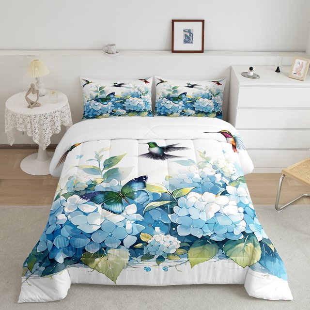 YST Girls Hydrangea Flower Bedding Sets Full Hummingbird Butterfly Comforter Set,Blue Floral Duvet Set Green Leaf Quilted Comforter Spring Blossoms Bedroom Decor,Lightweight 3 Piece