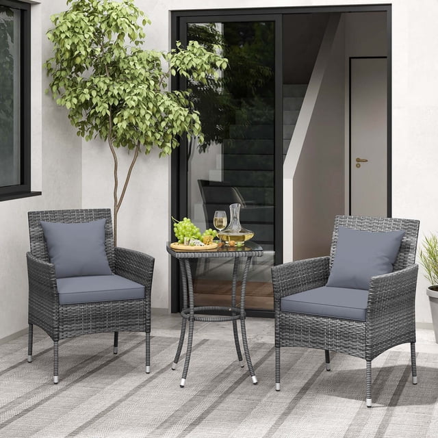 Costway 3 PCS Patio Furniture Set with Cushioned Patio Chairs & Tempered Glass Coffee Table Grey — Front-facing bistro set with two mix-grey hand-woven PE rattan chairs on metal frames, removable grey seat and back cushions, and a square tempered-glass coffee table (20" x 20" x 28"). Seat height 16.5", seat depth 20"; ideal for small patios, porches and balconies.