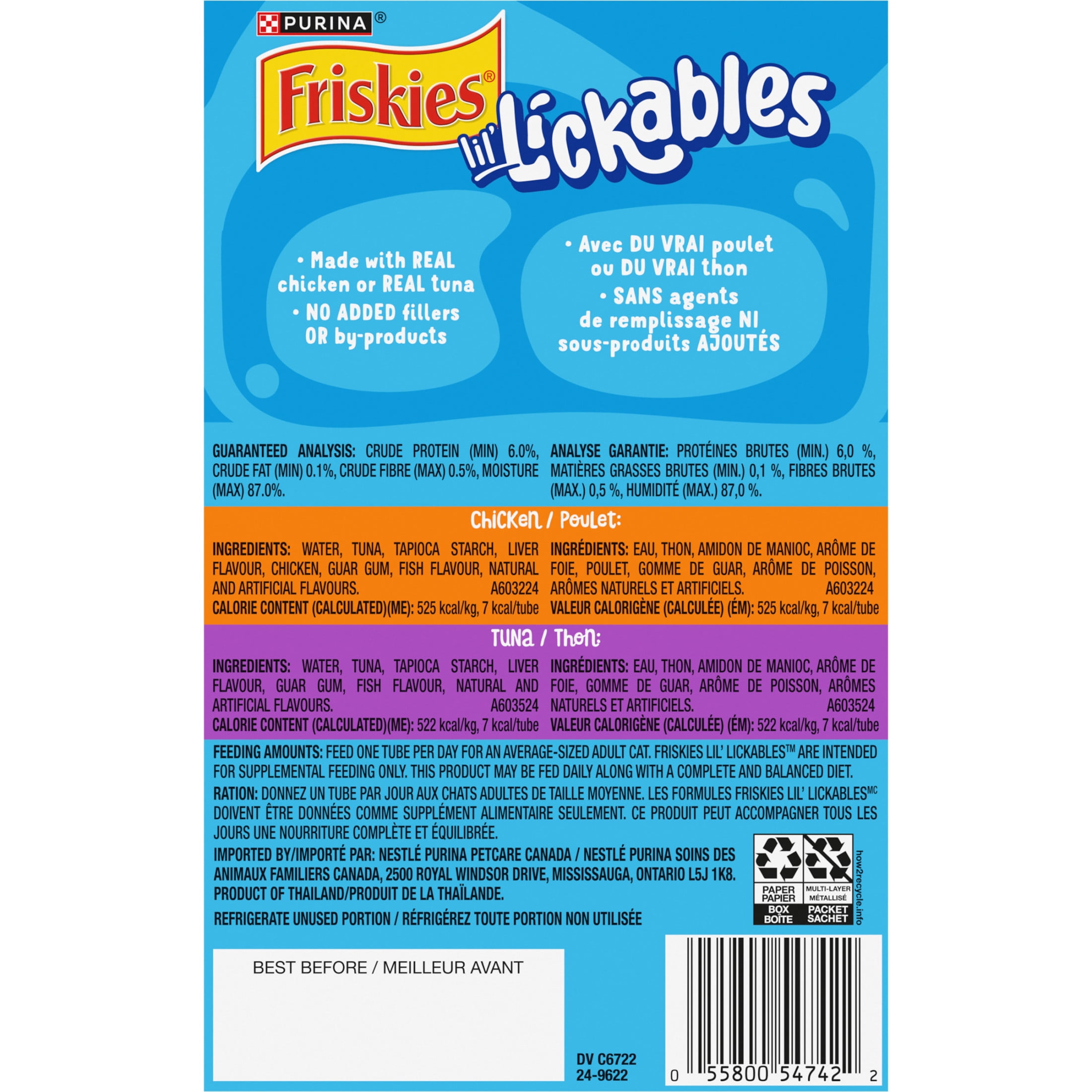 Purina Friskies Lil' Lickables Thon Et Poulet Emballage Assorti, Gâteries pour chats, 14 g x 10
