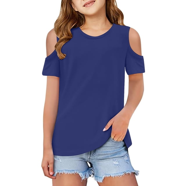 PMVFHDE T-Shirt à Manches Courtes d'Été Uni pour Enfants à Col Rond - Haut Léger, Respirant et Doux Bleu Foncé, 5-6 Ans