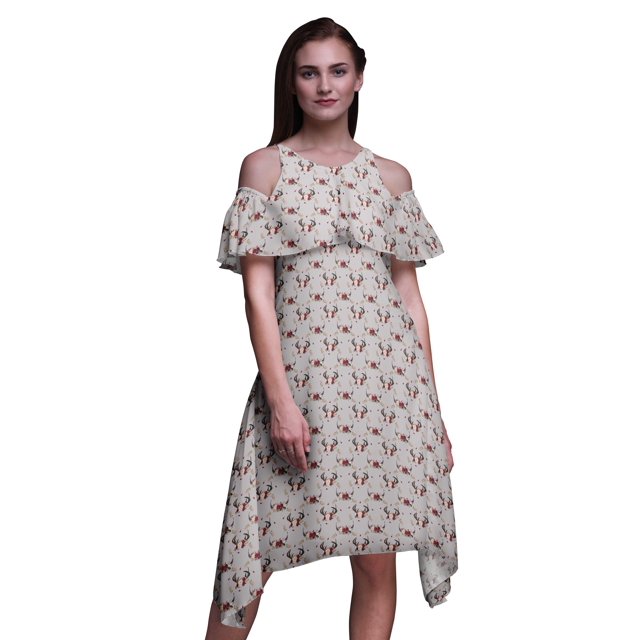 Bimba Robe Midi à Épaules Dénudées pour Femmes, Tunique de Fête Grise à Imprimé Floral avec Manches Volantées - X-Small