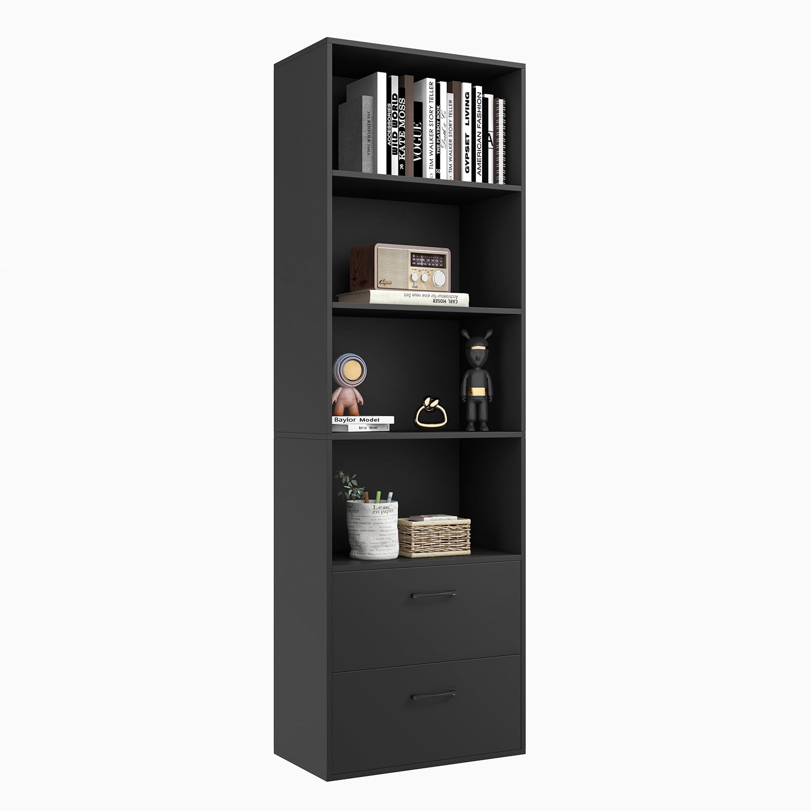Patiojoy 74" Tall Bookcase with 2 Slide-out Drawers Modern Display Shelf Multipurpose Wooden Storage Organizer Black