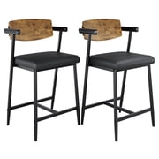 Modern Counter Height Bar Stools Set of 2 with Arms & Wooden Backrest – Wide Upholstered Seat, Metal Legs, Footrest, Easy Assembly – Perfect for Kitchen Island, Home Bar – Vintage Color