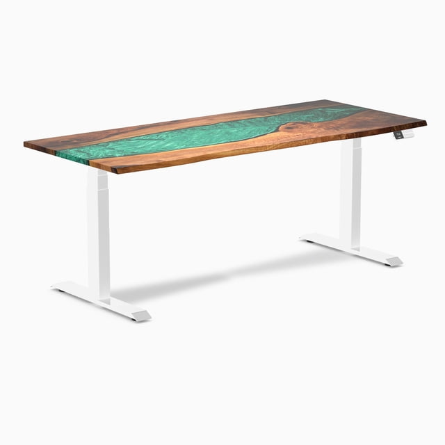 Desky Bureau Assis-Debout en Bois Dur à Double Résine - Noyer Naturel Rivière Émeraude / 72 x 30 Pouces / Blanc